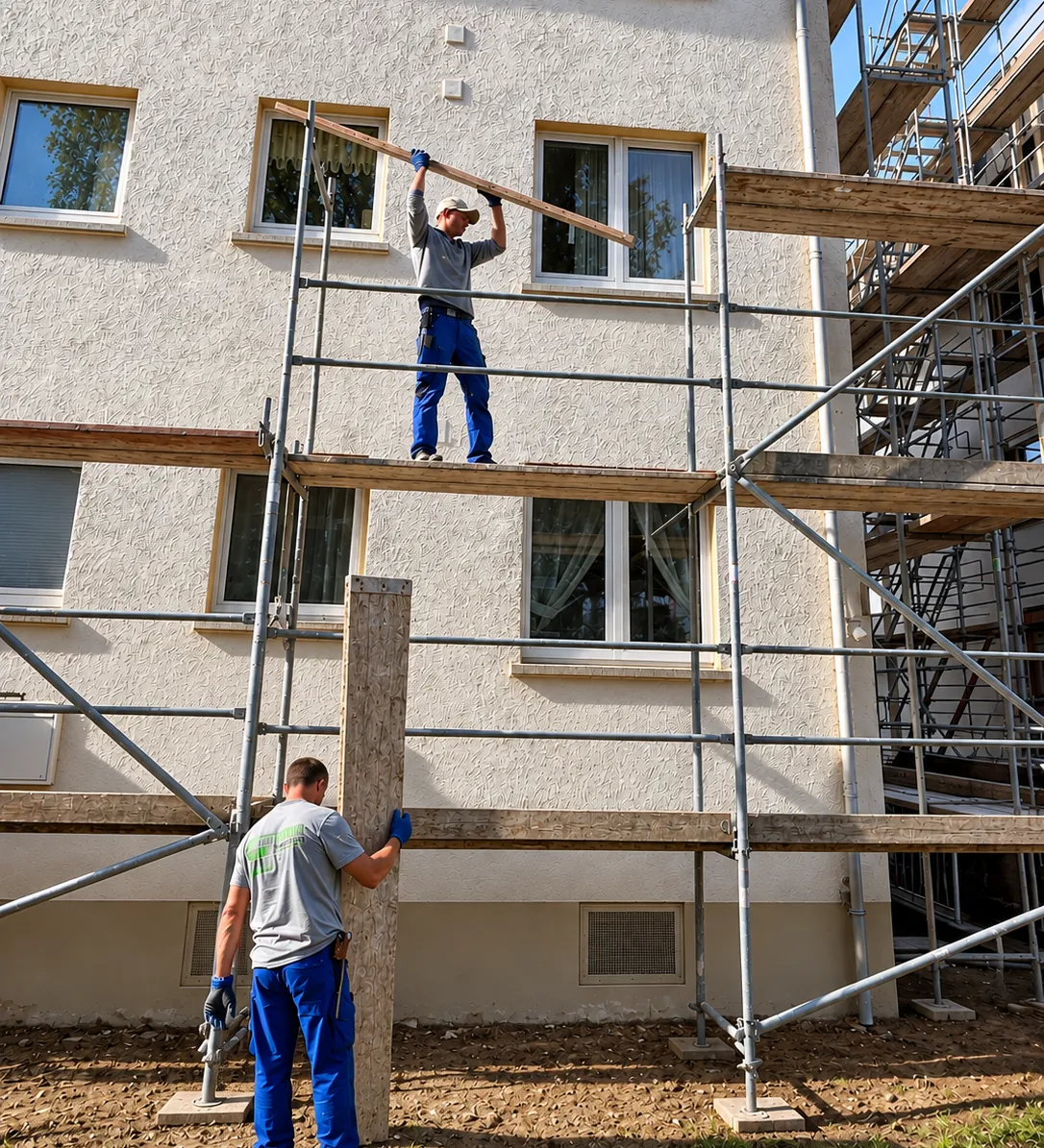 Zwei Gerüstbauer montieren Holzbohlen an einem Fassadengerüst