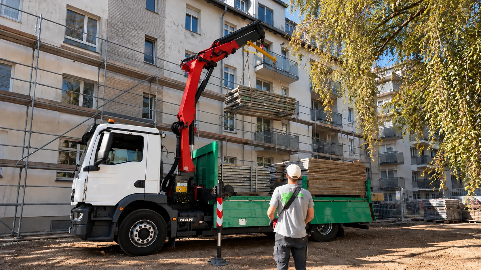 Ladekran hebt Gerüstteile vor einem eingerüsteten Wohnhaus, Gerüstbauer schaut zu